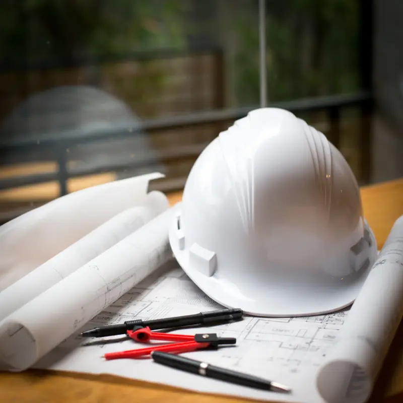 Capacete branco e plantas enroladas sobre uma mesa de obra